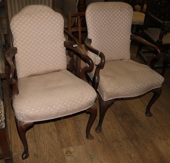 A near pair of George I style walnut elbow chairs, W.2ft H.3ft